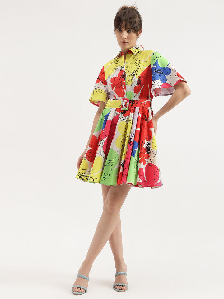 S/S PRINTED SHORT FLARE DRESS WITH BELT image number 4